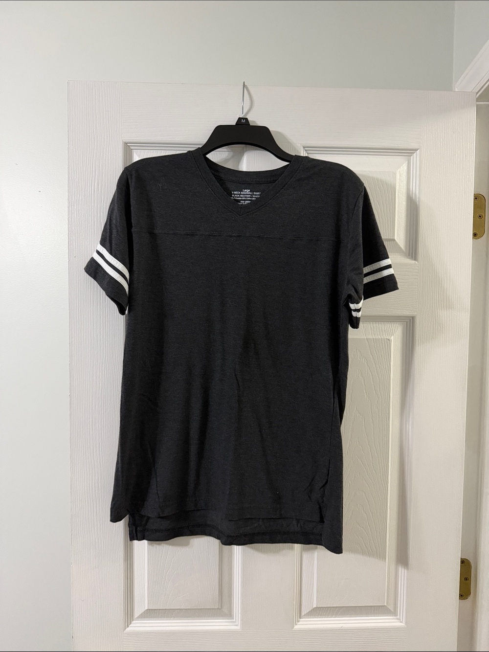 Hobby Lobby Black Baseball V-Neck Short Sleeve Tee with White Sleeve Stripes